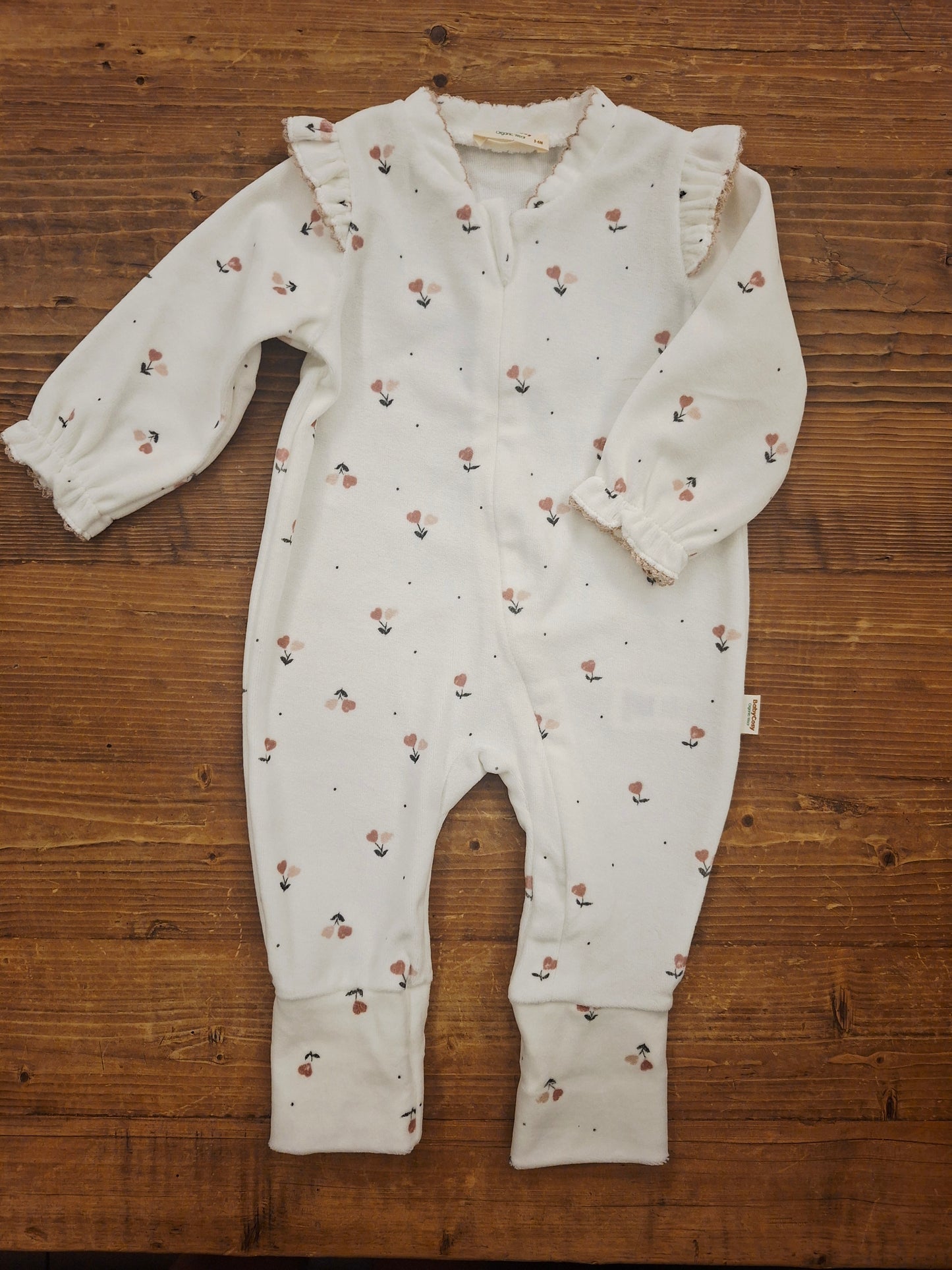Zippered Romper - Floral white 100% Organic Cotton Velvet - 3-24M