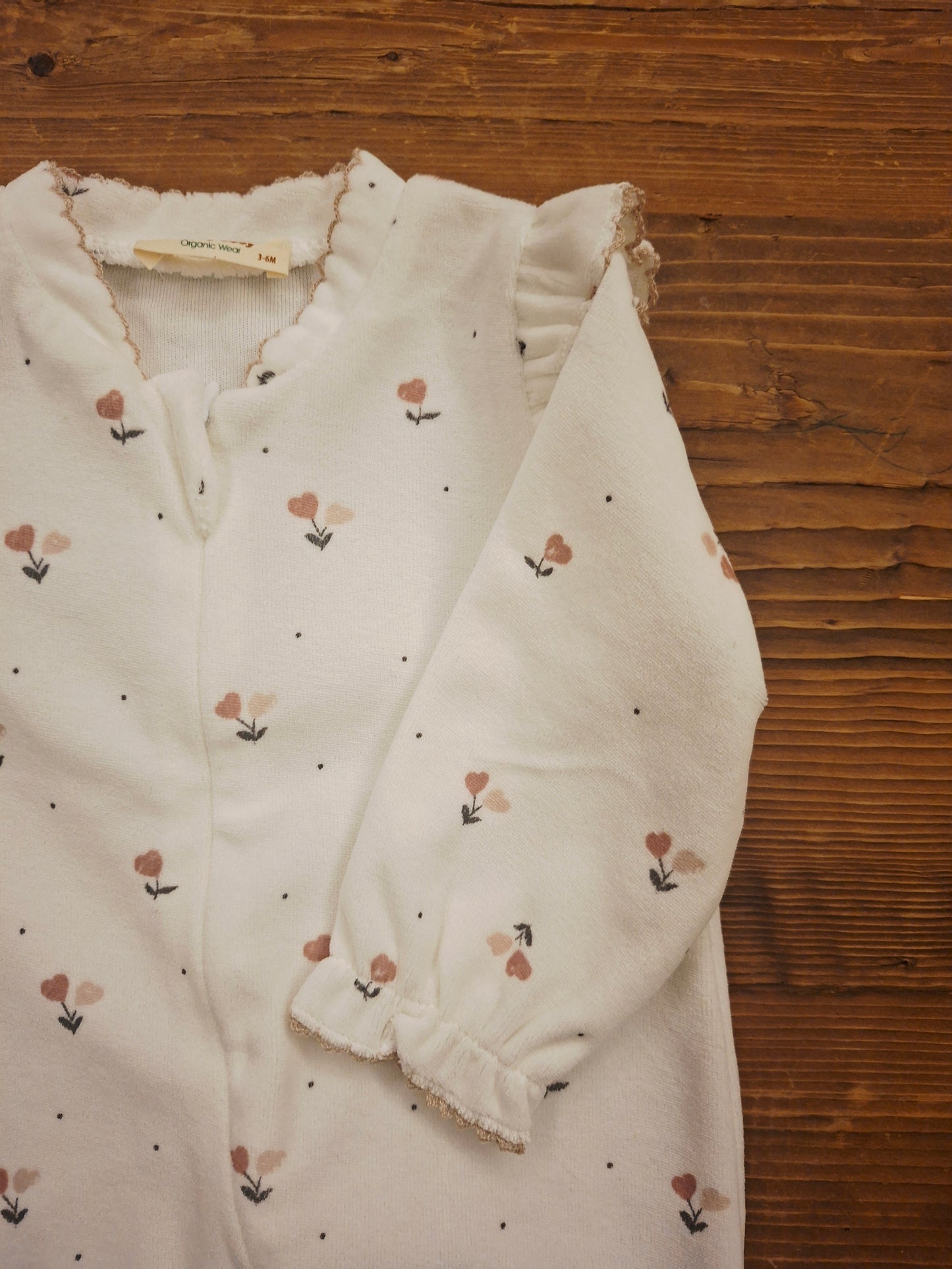 Zippered Romper - Floral white 100% Organic Cotton Velvet - 3-24M
