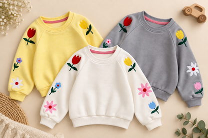 Stitched Floral Sweater - Grey/Yellow/White - 3-8Y