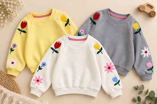 Stitched Floral Sweater - Grey/Yellow/White - 3-8Y