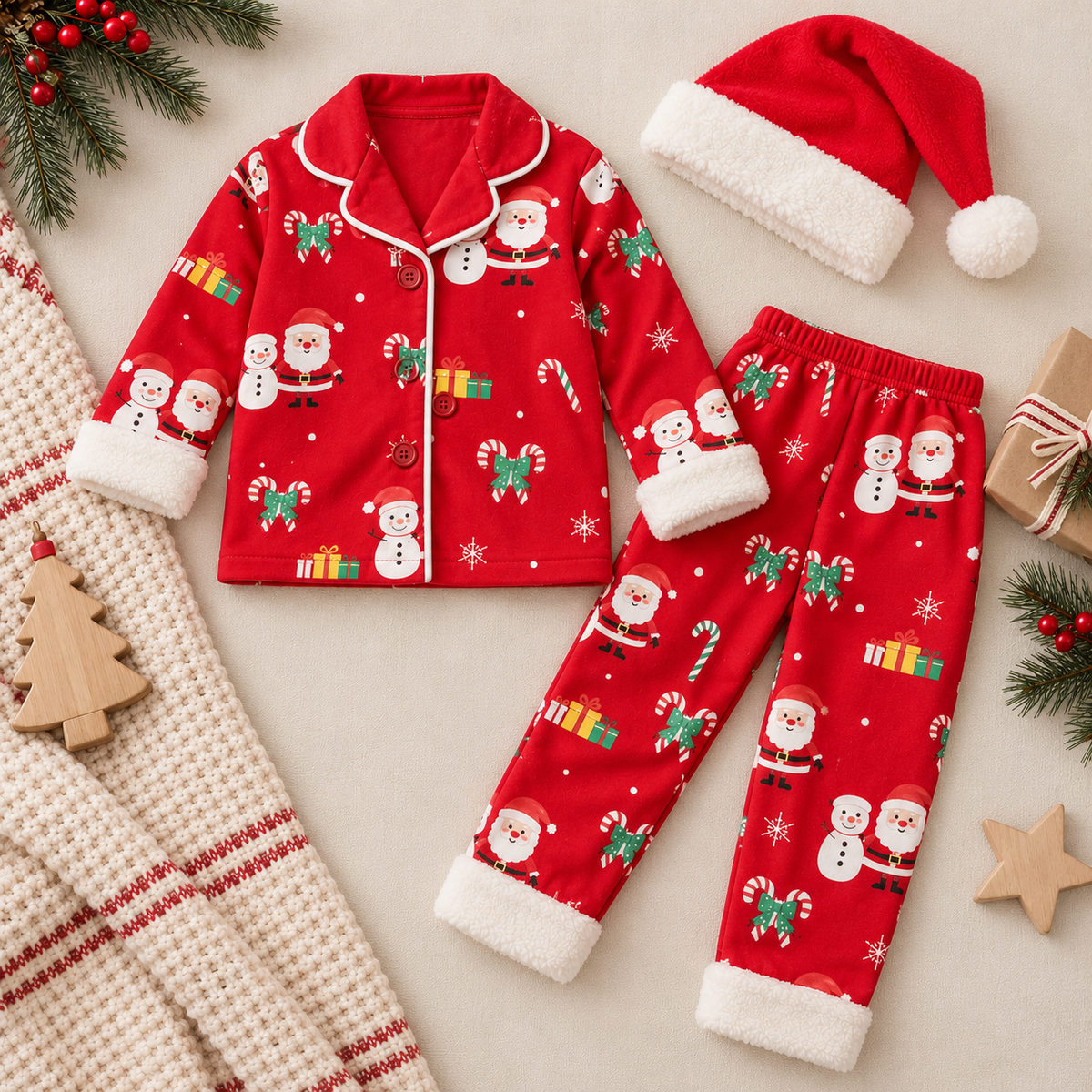 Santa & Snowflakes Pyjamas with Santa's Hat - 6M-2Y