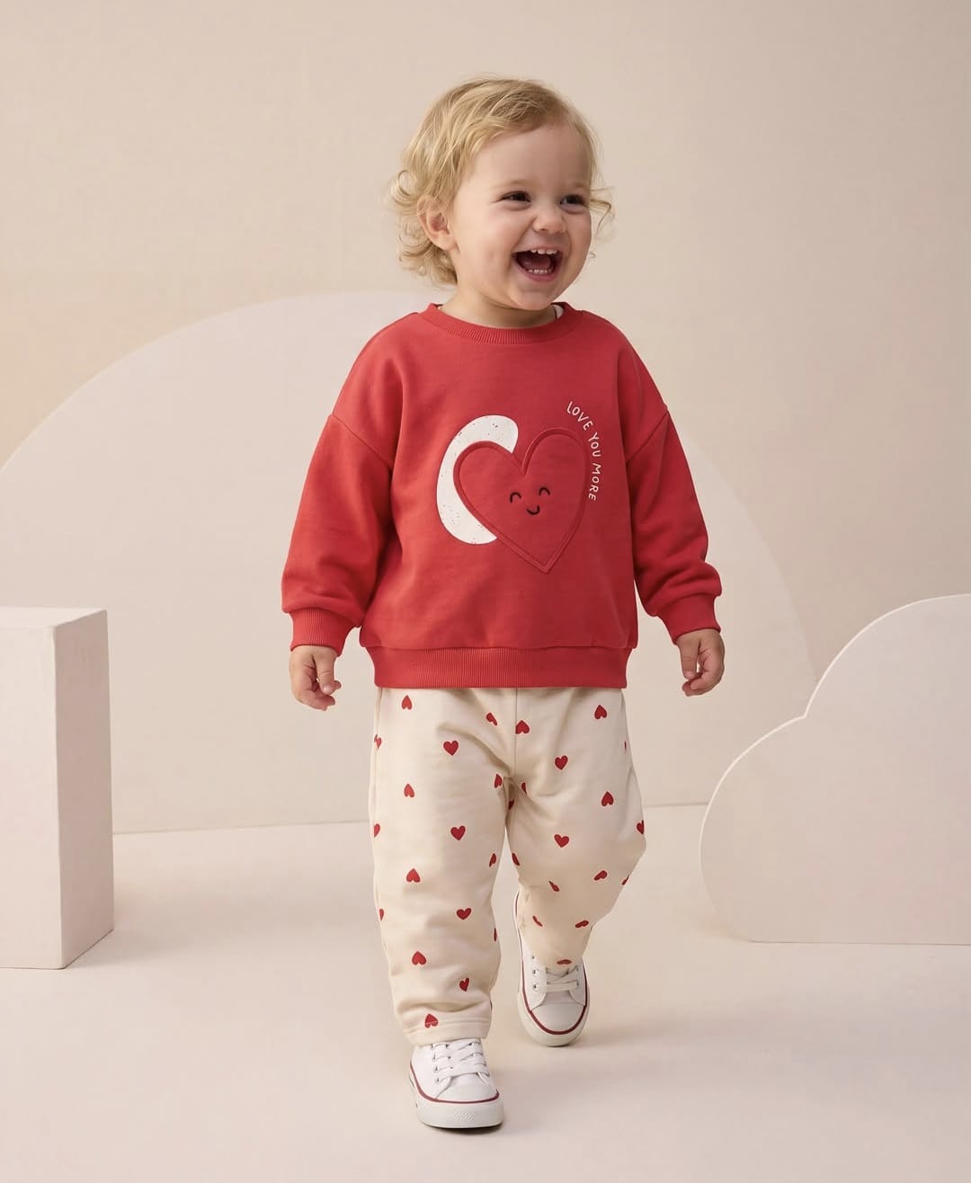 Printed Heart-Detail Top and Bottom Set - Pink/Red - 6M-2Y