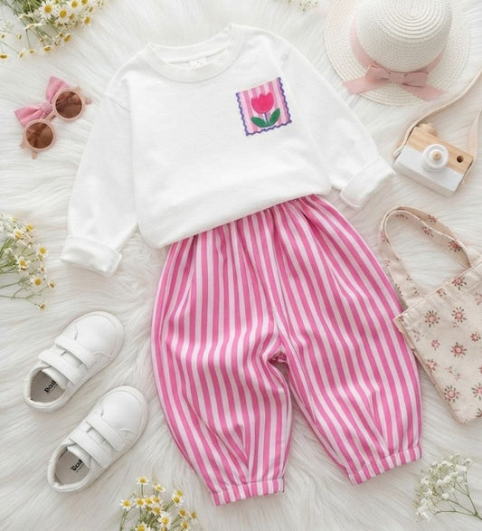 Flowers Striped Pink Set - 2-8Y