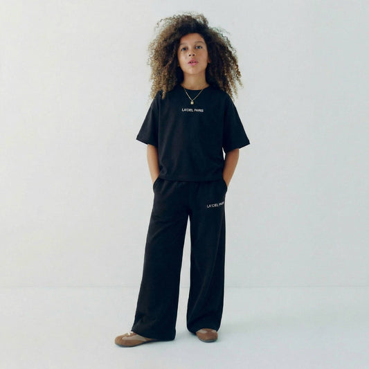 BLACK Wide Leg Pants & Tshirt Set - 2-7Y