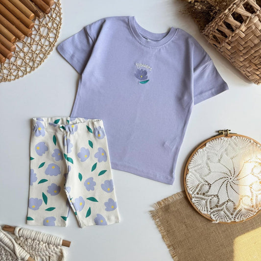 Floral Short Legging & Tshirt Set - Purple - 2-8Y