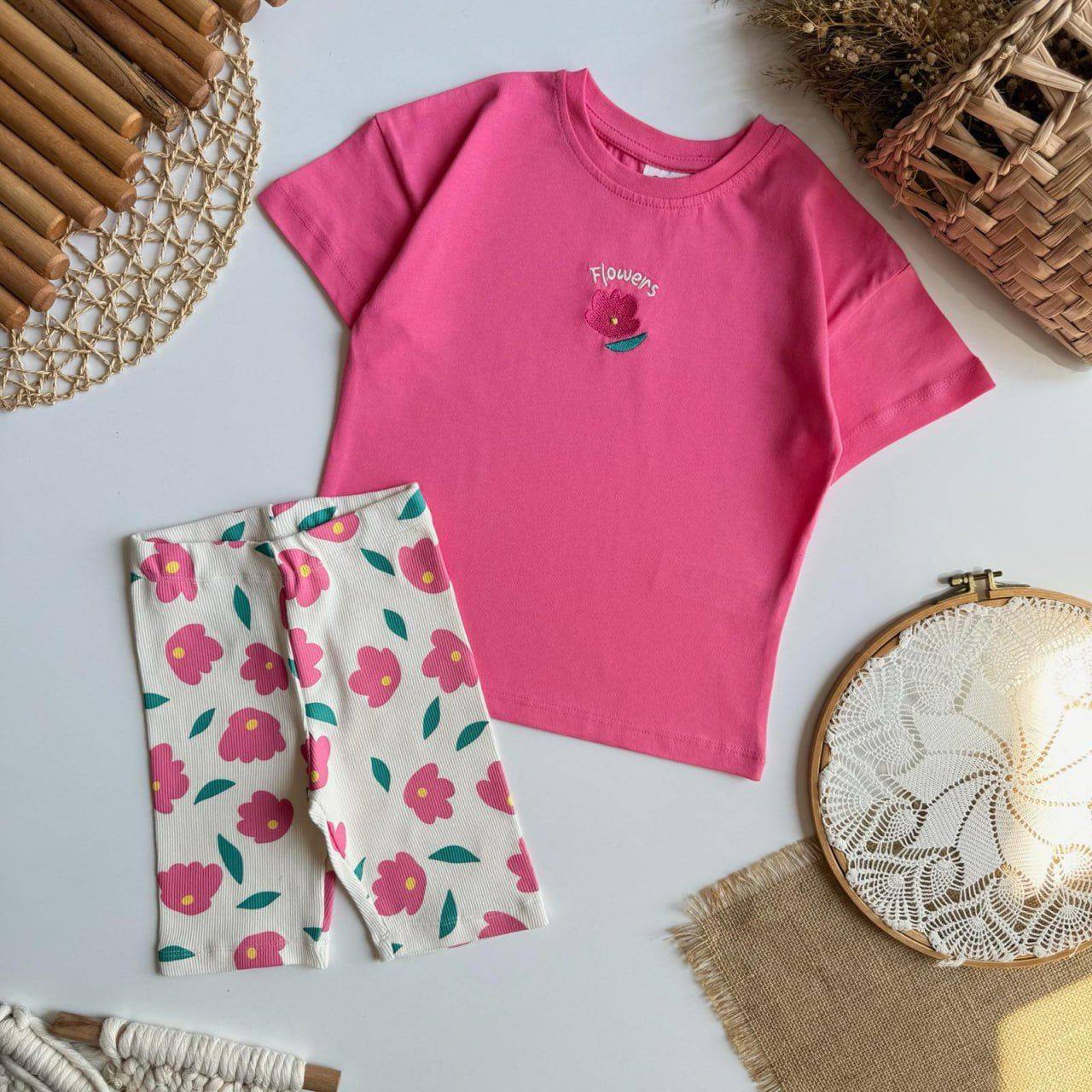 Floral Short Legging & Tshirt Set - Pink - 2-8Y