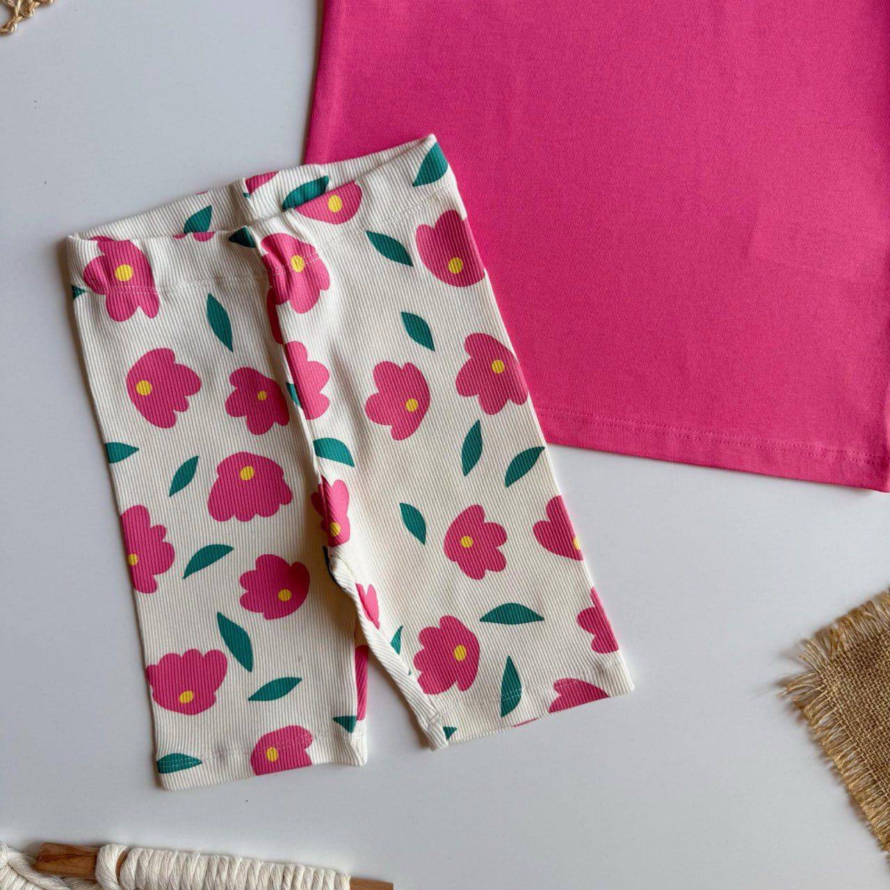 Floral Short Legging & Tshirt Set - Pink - 2-8Y