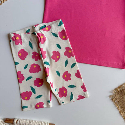 Floral Short Legging & Tshirt Set - Pink - 2-8Y