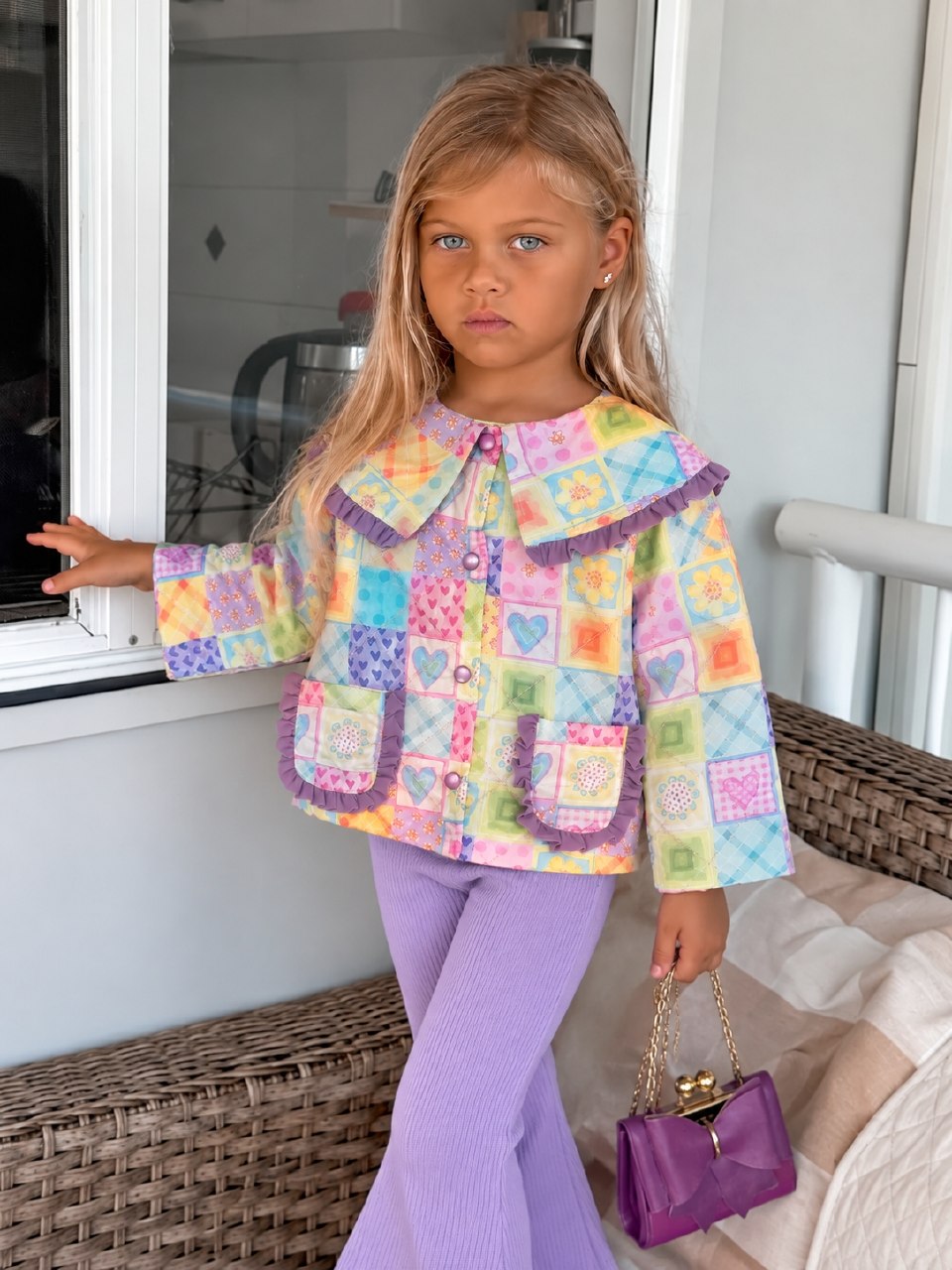 Heartful Quilted Jacket & Flare Legging Set - Purple - 2-8Y