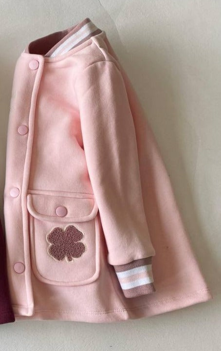 Varsity Girl's Fleeced Coat (100% Cotton) - Burgundy/Pink - 3-9Y