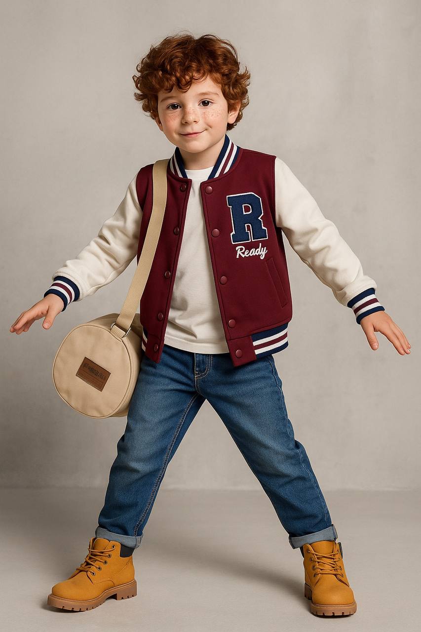 Varsity Boy's Fleeced Jacket (100% Cotton) - Burgundy/Baby Blue - 3-9Y