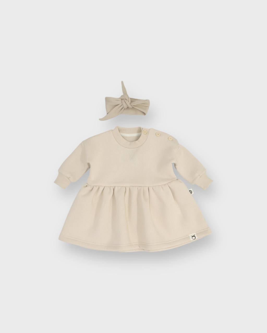 Fleeced Dress with Headband (100% Cotton) - Beige/Olive Green - 6M-4Y