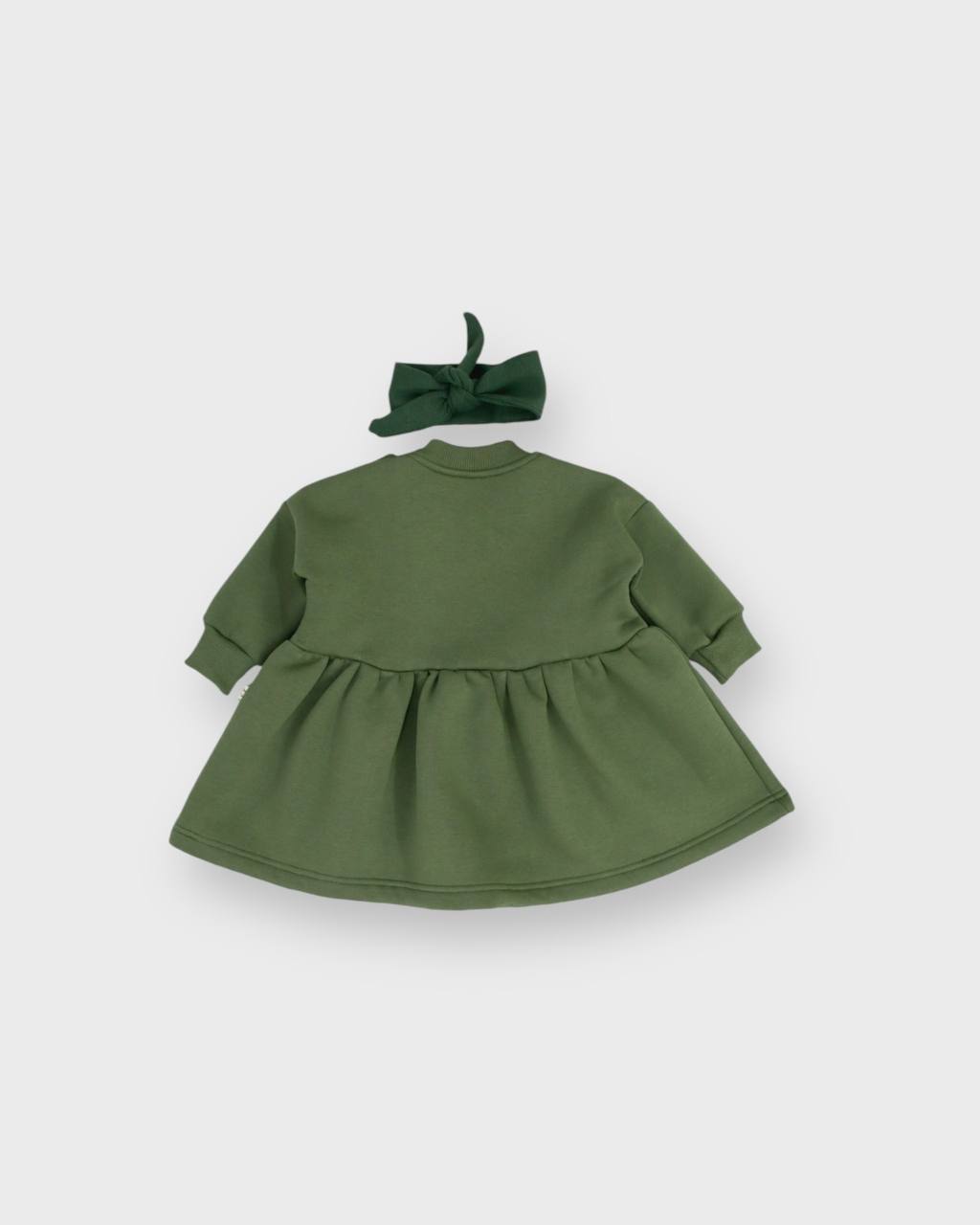 Fleeced Dress with Headband (100% Cotton) - Beige/Olive Green - 6M-4Y