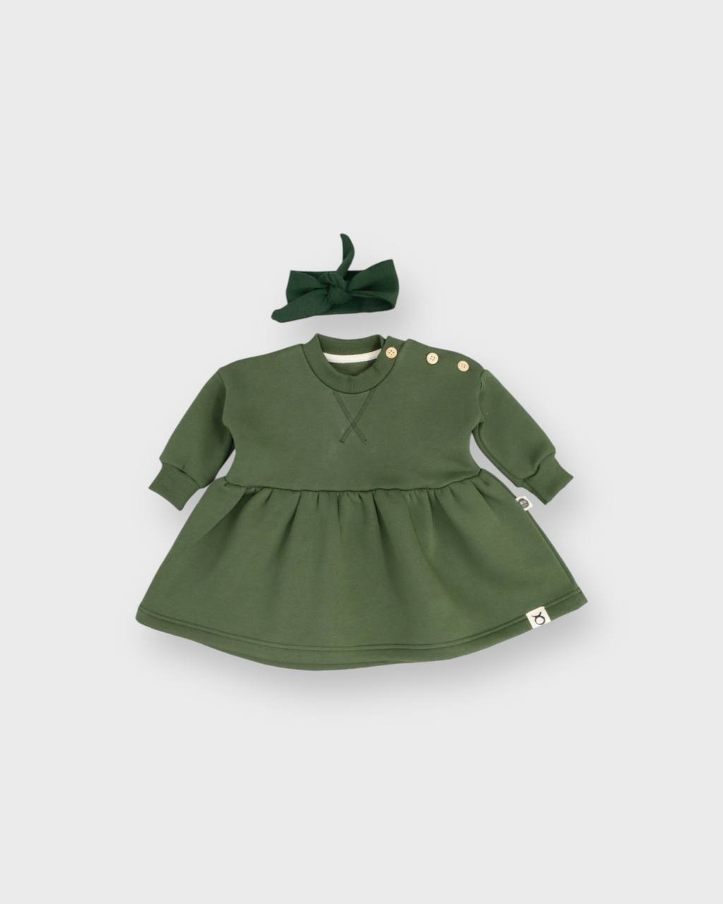 Fleeced Dress with Headband (100% Cotton) - Beige/Olive Green - 6M-4Y