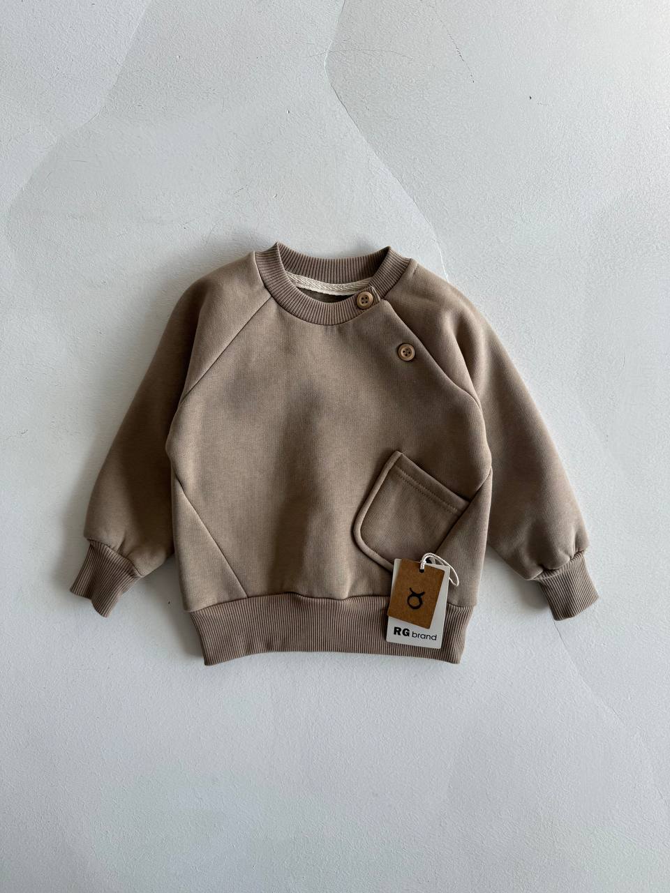 Fleeced Sweater with Side Pocket (100% Cotton) - Beige/Brown/Olive Green - 6M-4Y