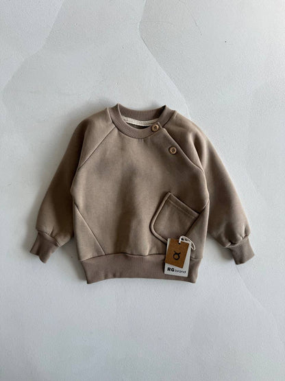 Fleeced Sweater with Side Pocket (100% Cotton) - Beige/Brown/Olive Green - 6M-4Y