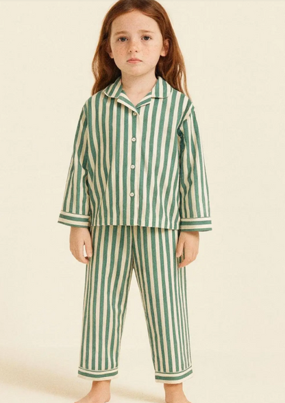 Muslin Pyjamas Set - Green Stripes - 3-12Y