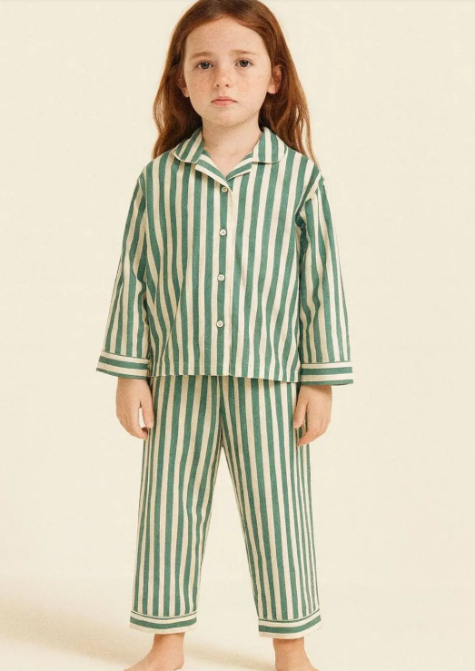 Muslin Pyjamas Set - Green Stripes - 3-12Y