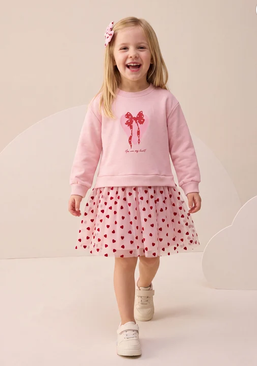 Dress Tulle with Heart Print & Hair Clip - Pink - 3-7Y