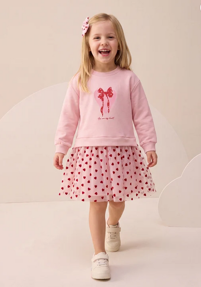Dress Tulle with Heart Print & Hair Clip - Pink - 3-7Y