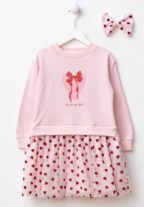 Dress Tulle with Heart Print & Hair Clip - Pink - 3-7Y