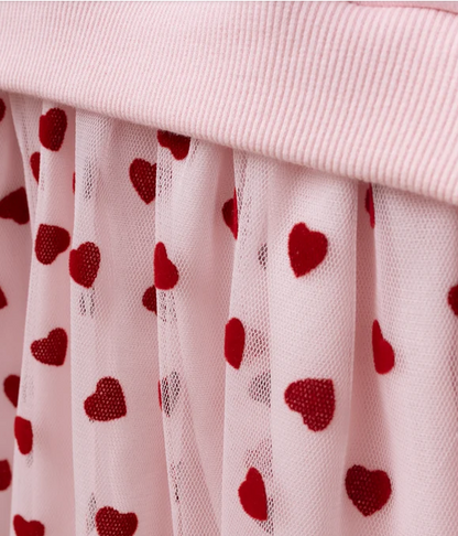 Dress Tulle with Heart Print & Hair Clip - Pink - 3-7Y