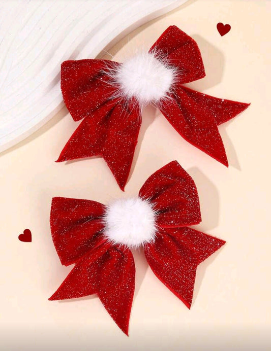 Hair Pin - Sparkly Red Bow with White fur ball - 2 PCS
