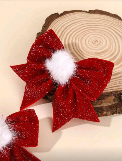 Hair Pin - Sparkly Red Bow with White fur ball - 2 PCS