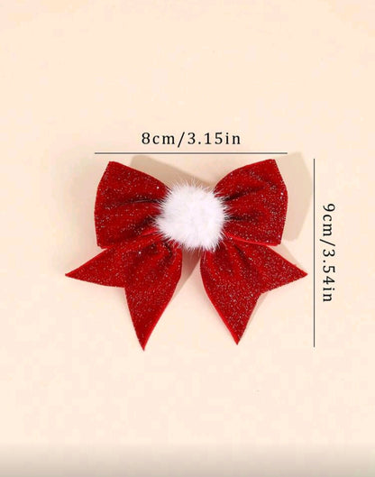 Hair Pin - Sparkly Red Bow with White fur ball - 2 PCS