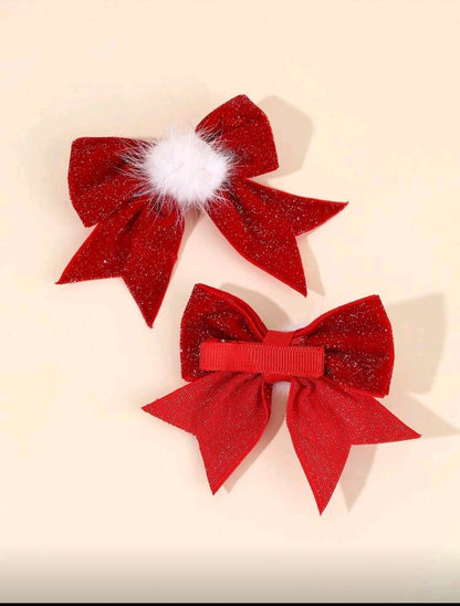 Hair Pin - Sparkly Red Bow with White fur ball - 2 PCS
