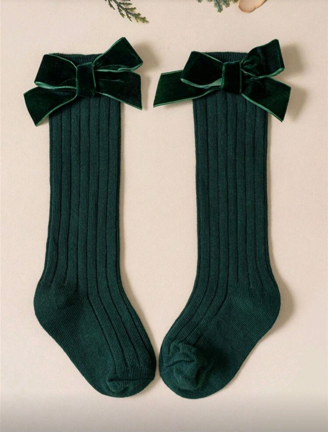Dark Green Socks with Velvet Bow