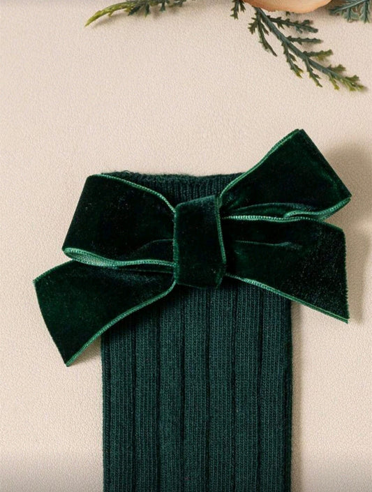 Dark Green Socks with Velvet Bow