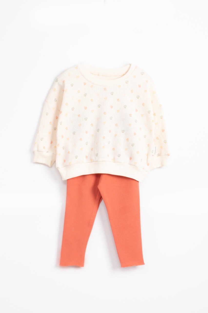 Floral Waffle Sweater with Fleeced Legging - Green/Brown/Yellow/Orange/Light Brown - 9M-4Y