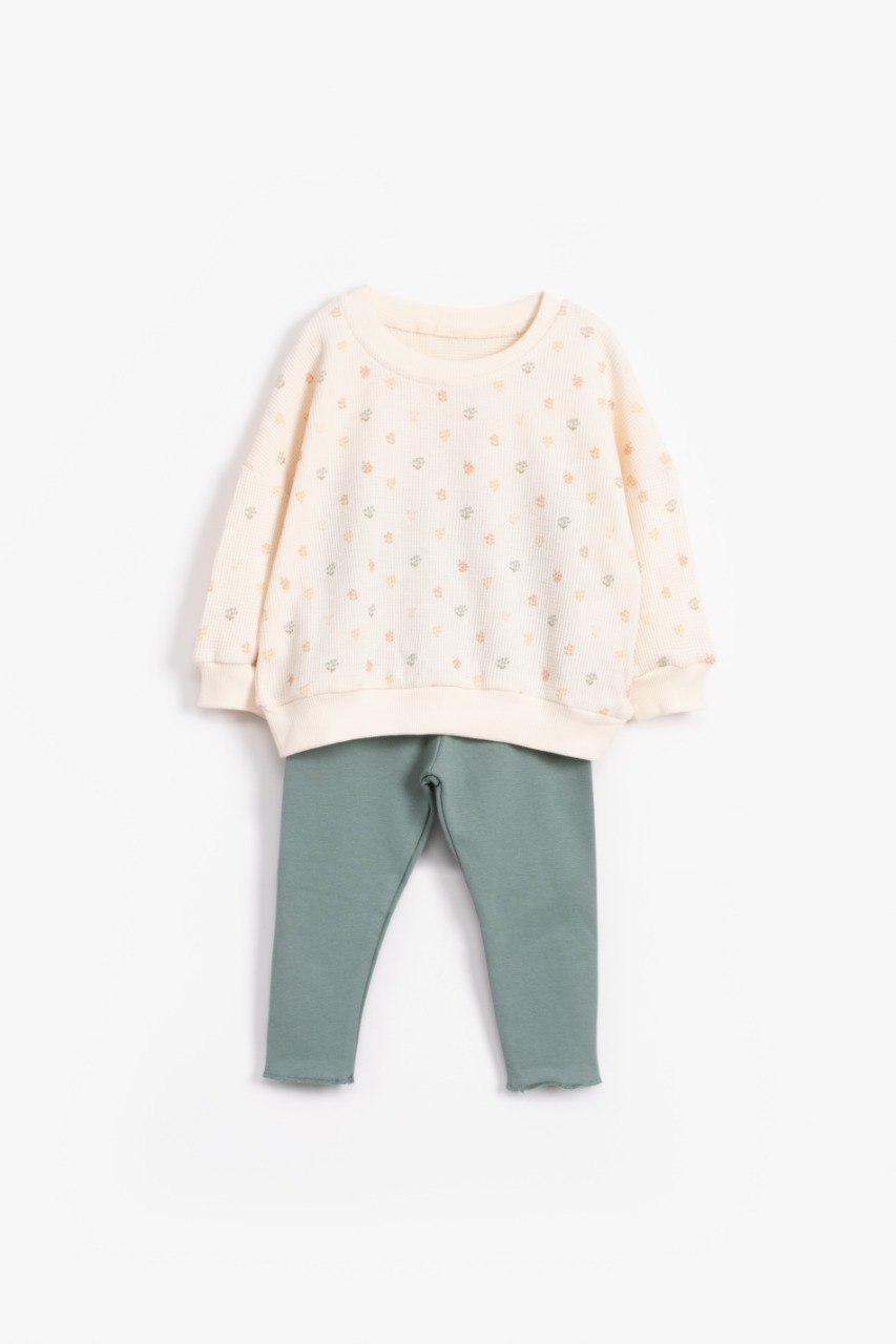 Floral Waffle Sweater with Fleeced Legging - Green/Brown/Yellow/Orange/Light Brown - 9M-4Y