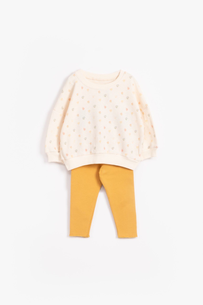 Floral Waffle Sweater with Fleeced Legging - Green/Brown/Yellow/Orange/Light Brown - 9M-4Y