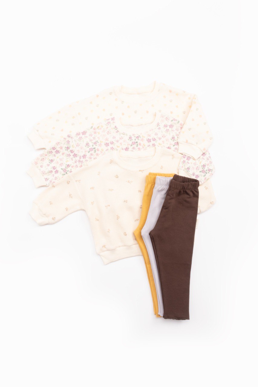 Floral Waffle Sweater with Fleeced Legging - Green/Brown/Yellow/Orange/Light Brown - 9M-4Y
