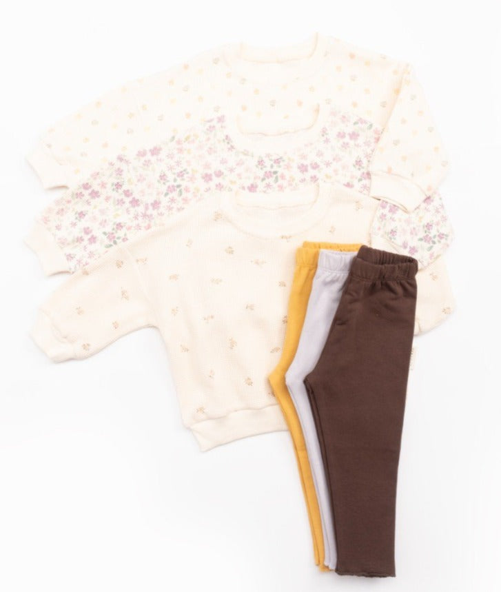 Floral Waffle Sweater with Fleeced Legging - Green/Brown/Yellow/Orange/Light Brown - 9M-4Y