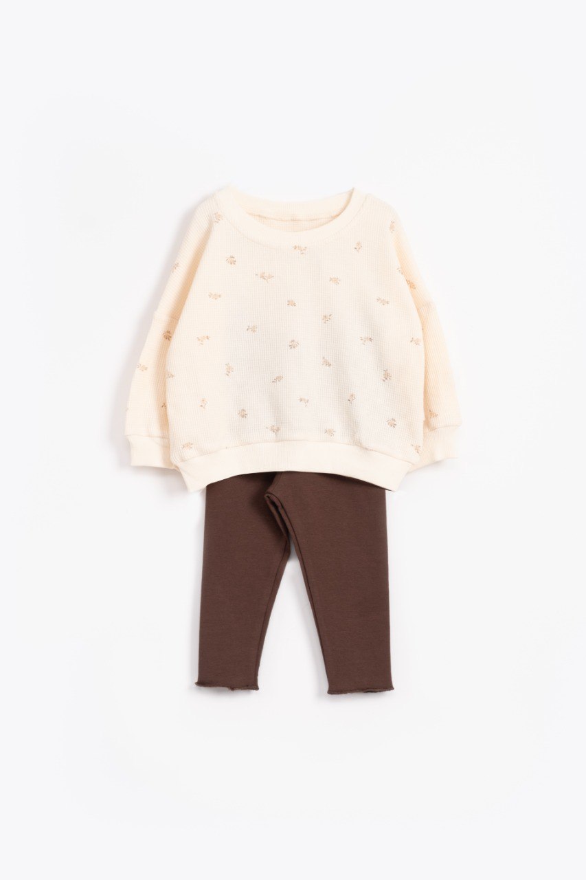 Floral Waffle Sweater with Fleeced Legging - Green/Brown/Yellow/Orange/Light Brown - 9M-4Y