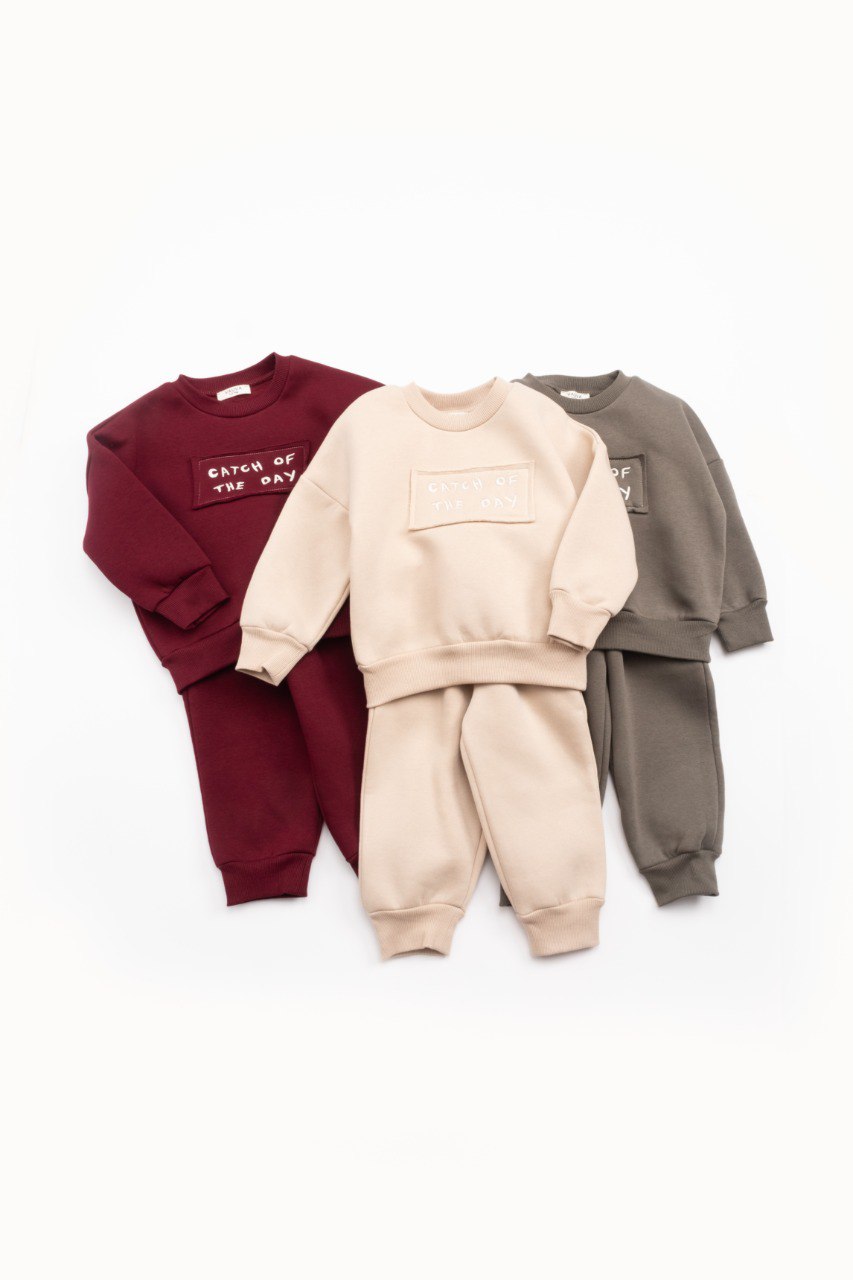 Catch of the Day Fleeced Set - Beige/Burgundy/Olive Green - 1-6Y