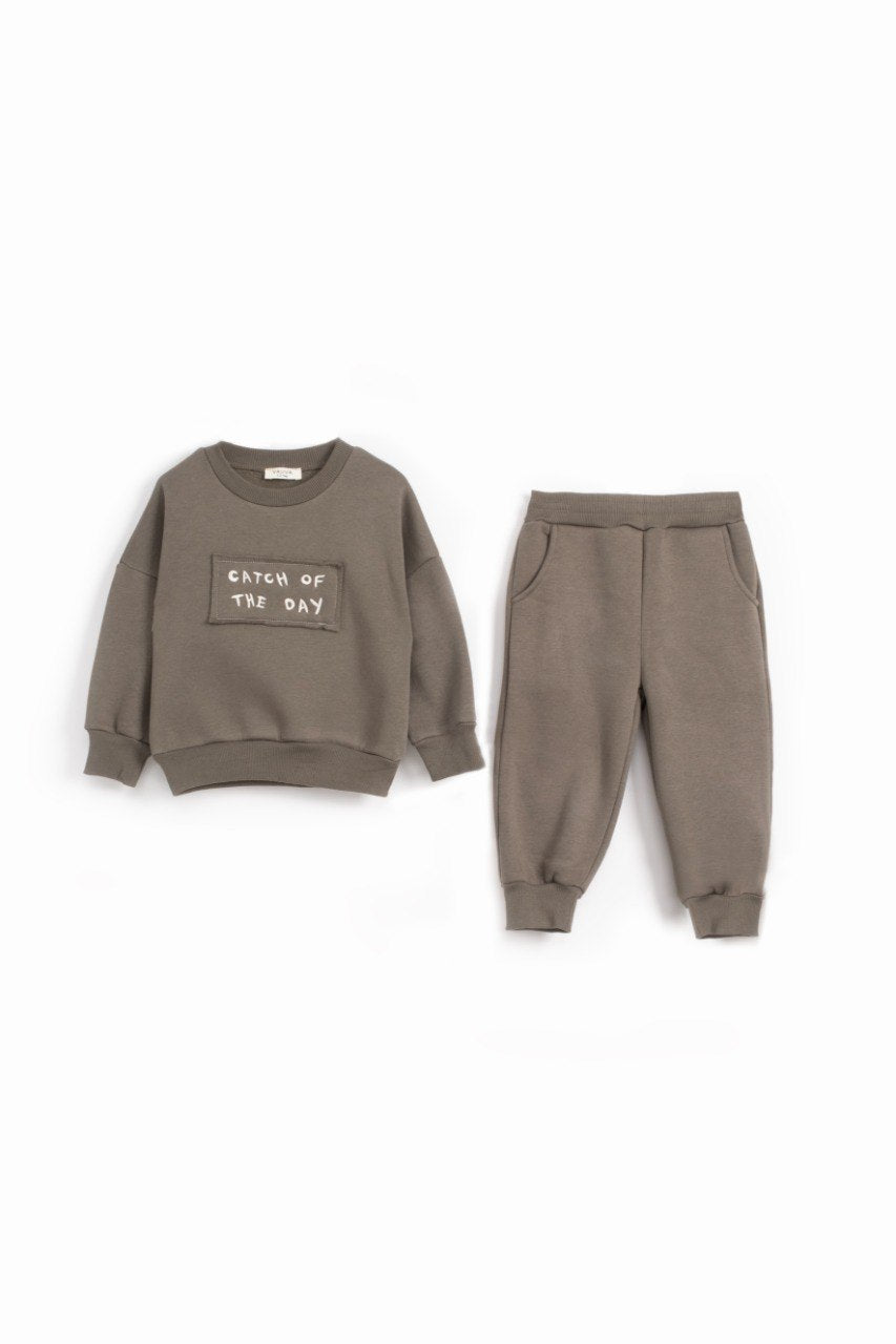 Catch of the Day Fleeced Set - Beige/Burgundy/Olive Green - 1-6Y