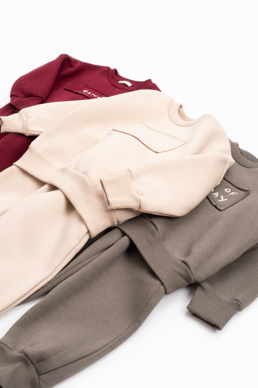 Catch of the Day Fleeced Set - Beige/Burgundy/Olive Green - 1-6Y