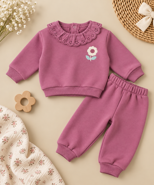 Floral Fleeced with Lace Collar Set - 6M-2Y