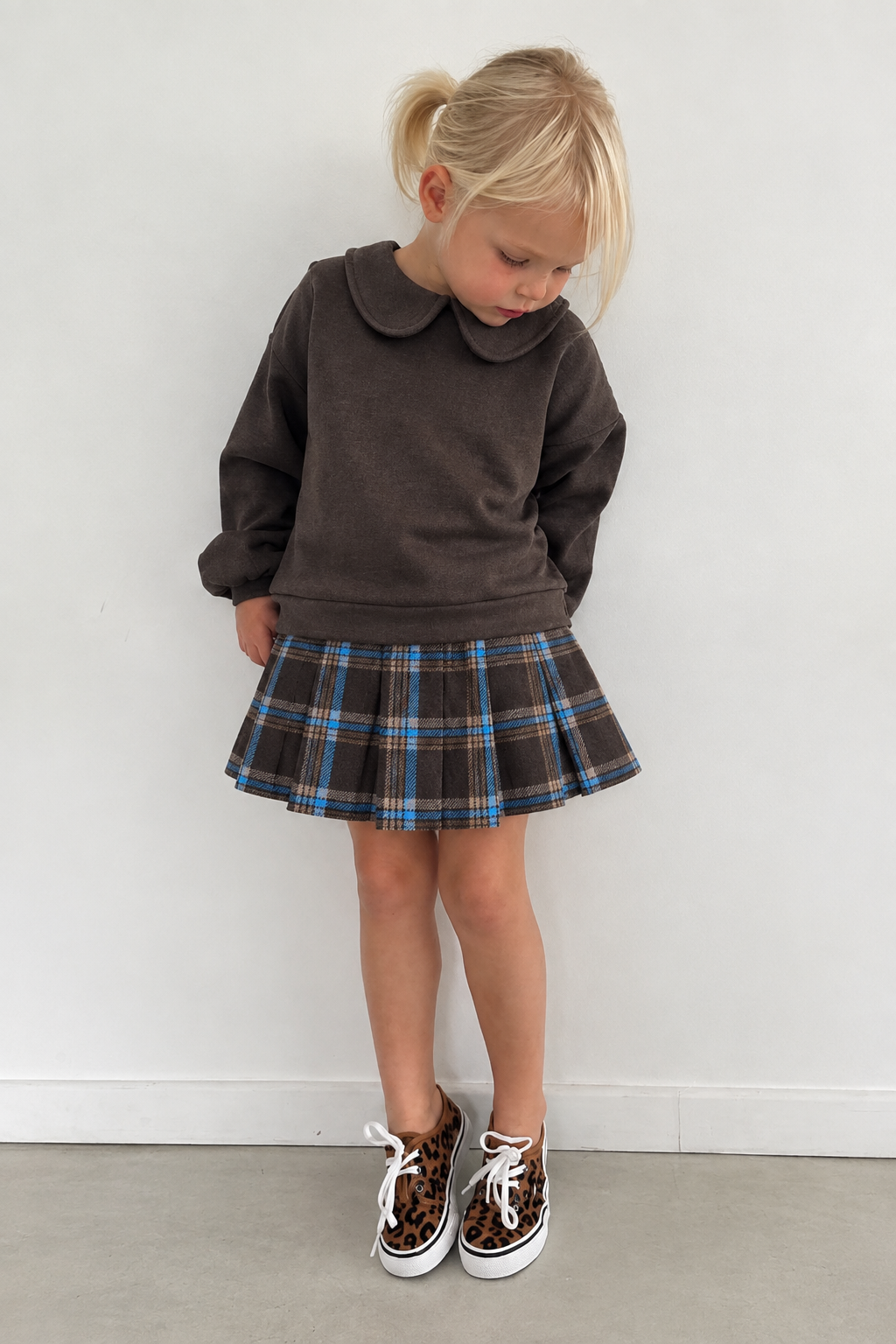Brown Collar Sweater & Pleated Skirt Set - 3-10Y