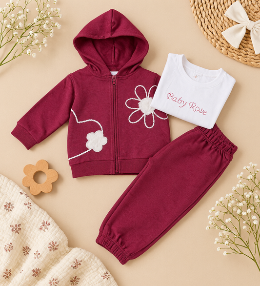 Flower 3 PCS Fleeced Set - Burgundy - 6M-2Y