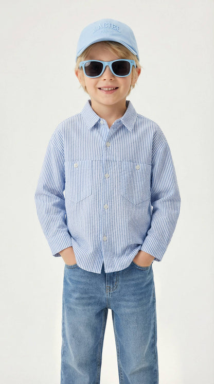 Blue Linen Shirt with White Stripes - 2-7Y
