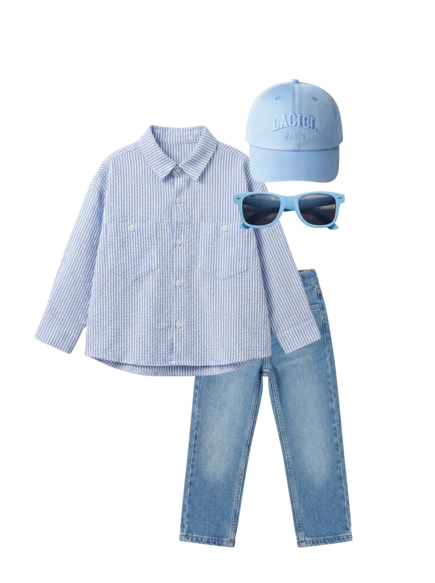 Blue Linen Shirt with White Stripes - 2-7Y
