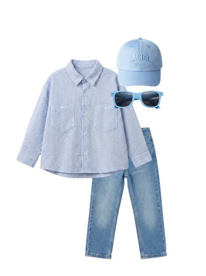 Blue Linen Shirt with White Stripes - 2-7Y