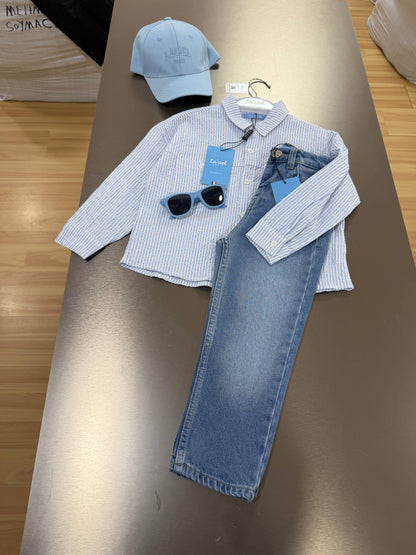 Blue Linen Shirt with White Stripes - 2-7Y