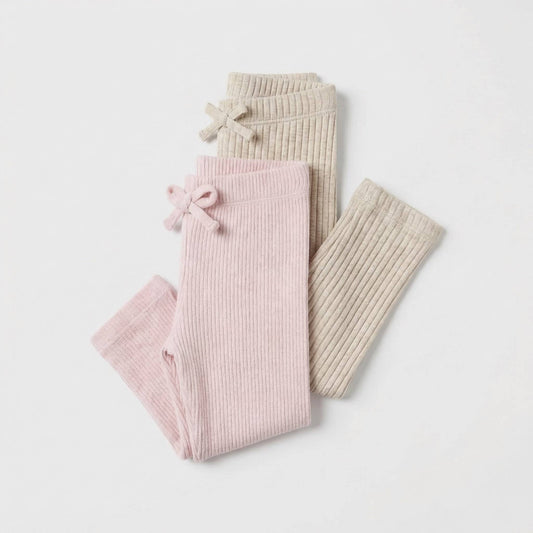 Cotton Legging set - 2 PCS - Pink & Beige - 9M-3Y