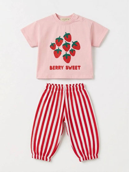 Muslin Pants & Tshirt Set - Berry Sweets - 6M-3Y